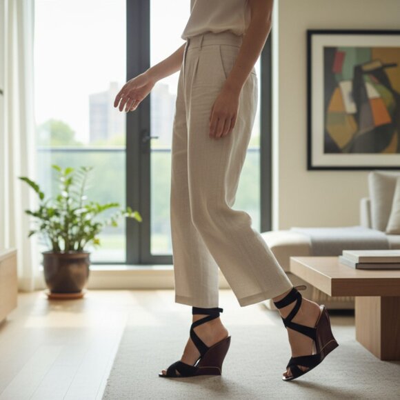 Designer Paul Andrew Slingback Black Velvet Wedge Ankle Strap Sandals Size 8.M